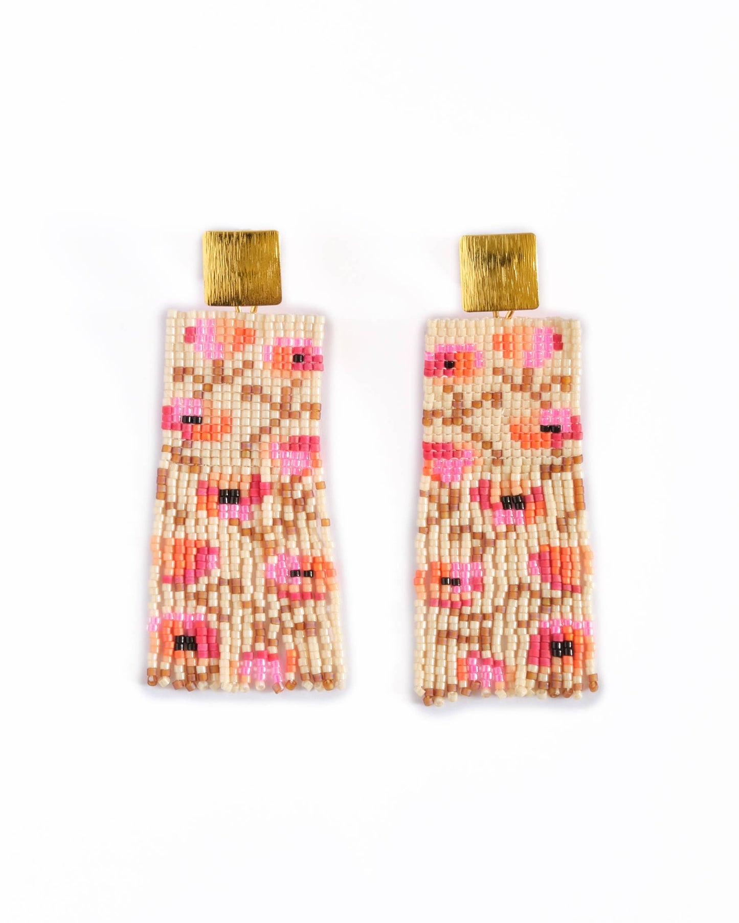 Beaded Handwoven Poppy Flower Fringe Earrings (Cream/Pink)