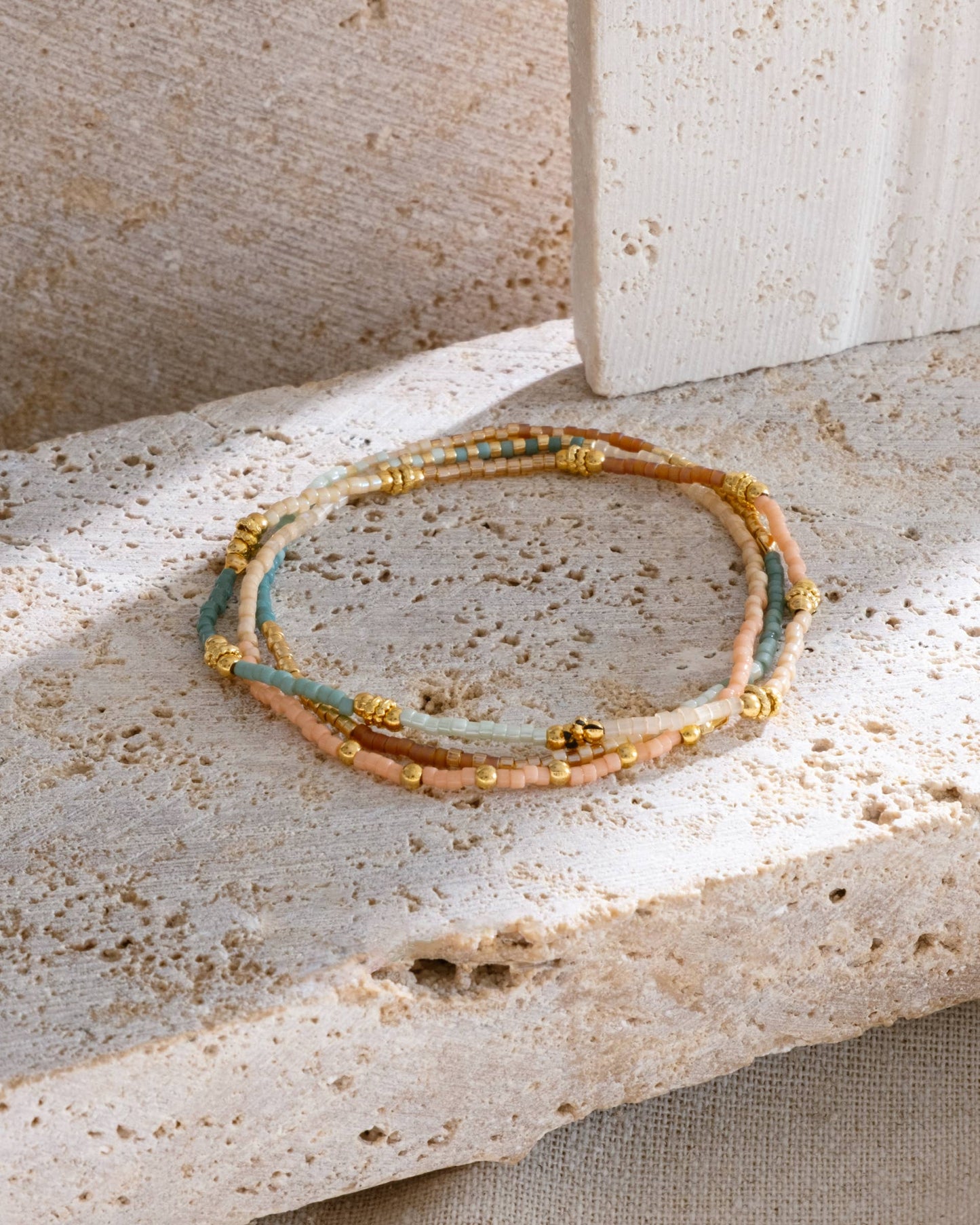 Set/3 Miyuki Beaded Stretch Bracelets (Peach/Aqua/Tan)