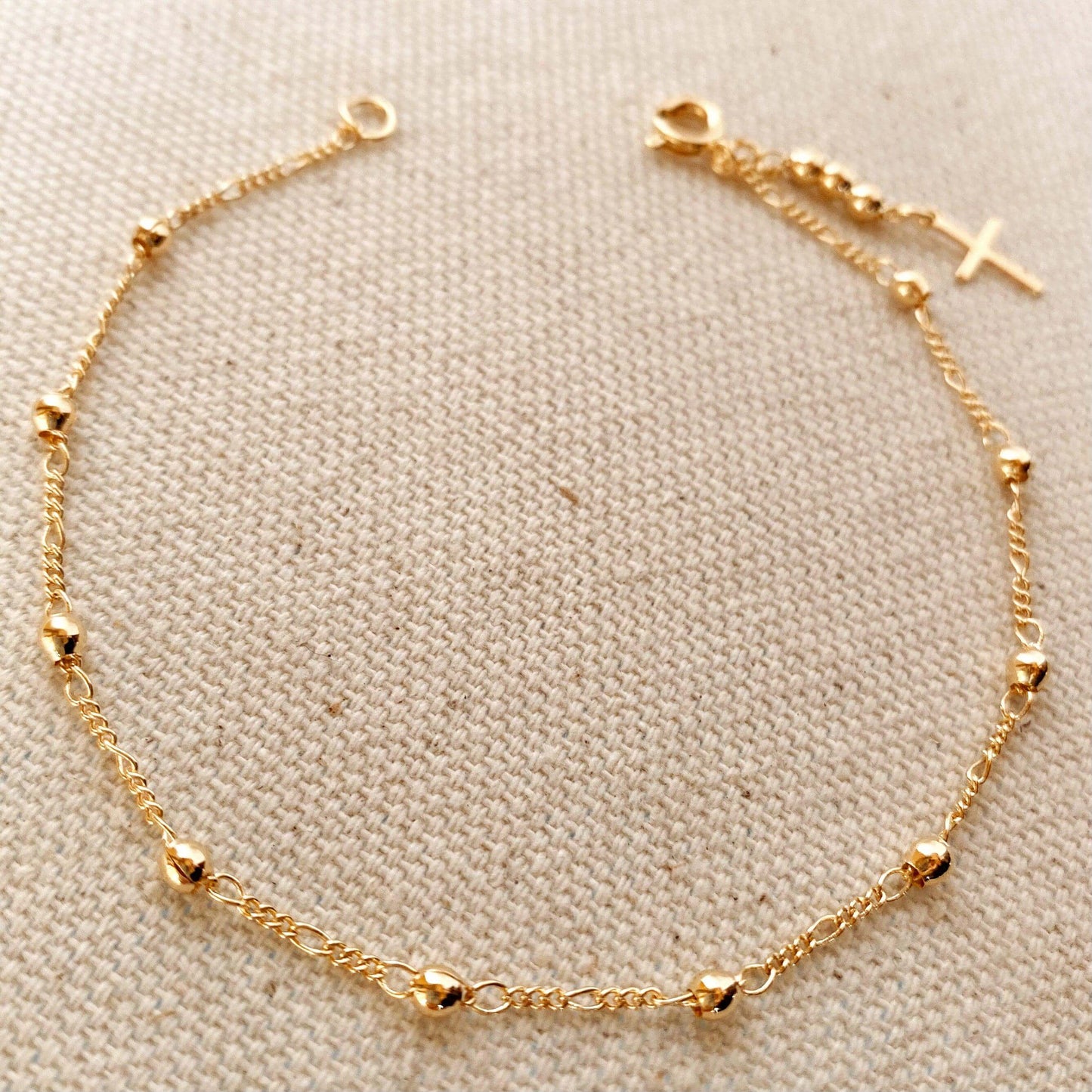 Beaded Gold Bracelet with Cross Charm
