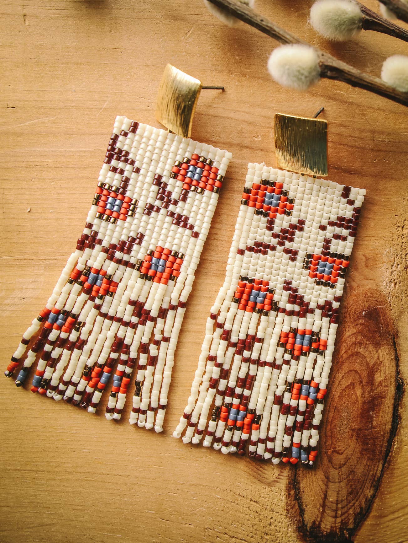 Beaded Handwoven Falling Flower Fringe Earrings (Cream/Rust)