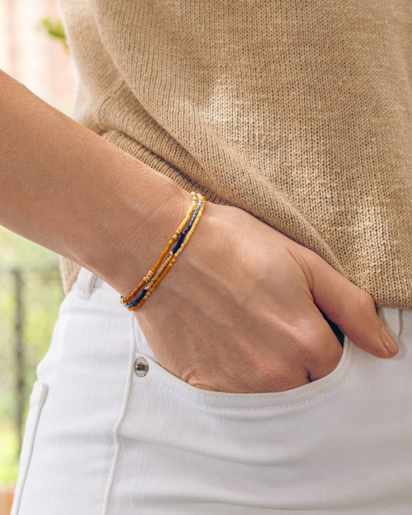 Set/3 Miyuki Beaded Stretch Bracelets (Peach/Aqua/Tan)