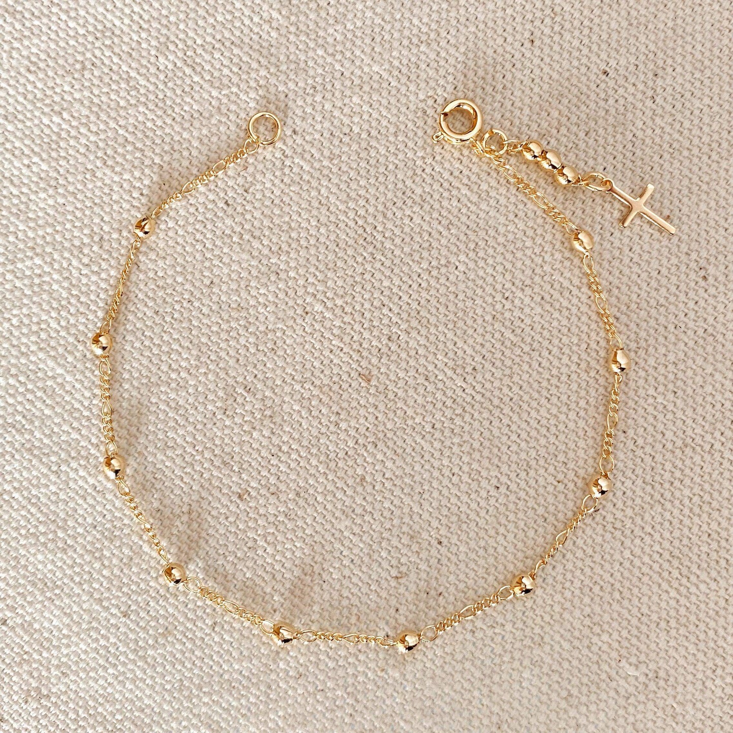 Beaded Gold Bracelet with Cross Charm