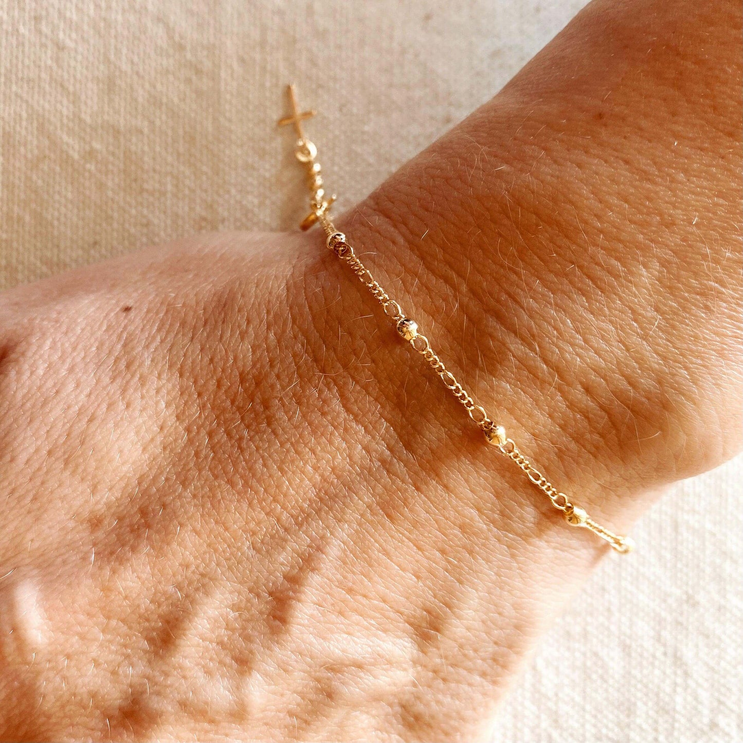 Beaded Gold Bracelet with Cross Charm