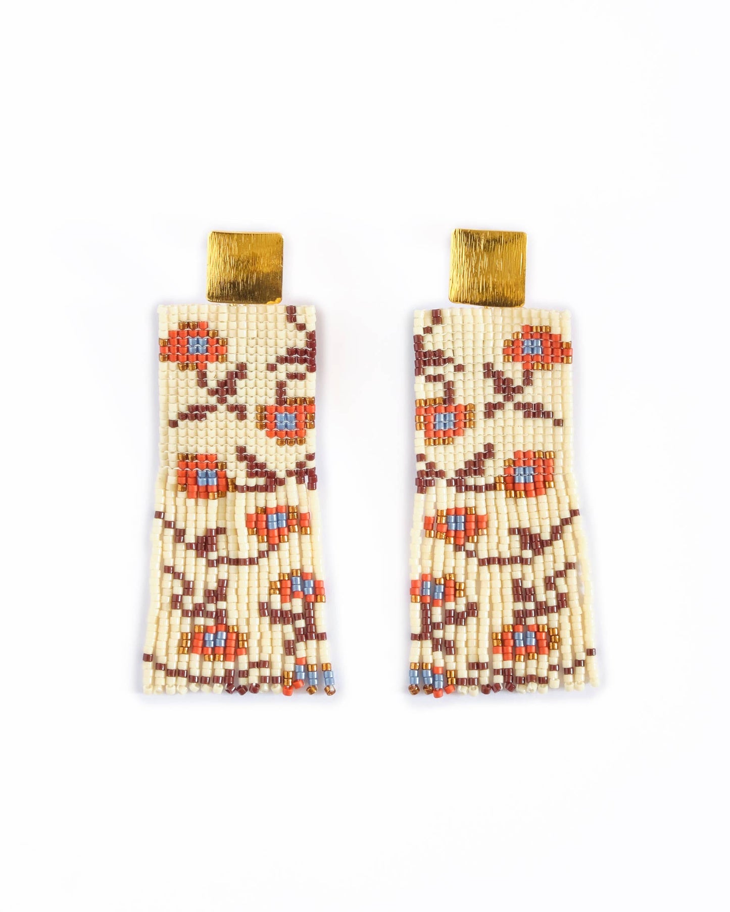 Beaded Handwoven Falling Flower Fringe Earrings (Cream/Rust)