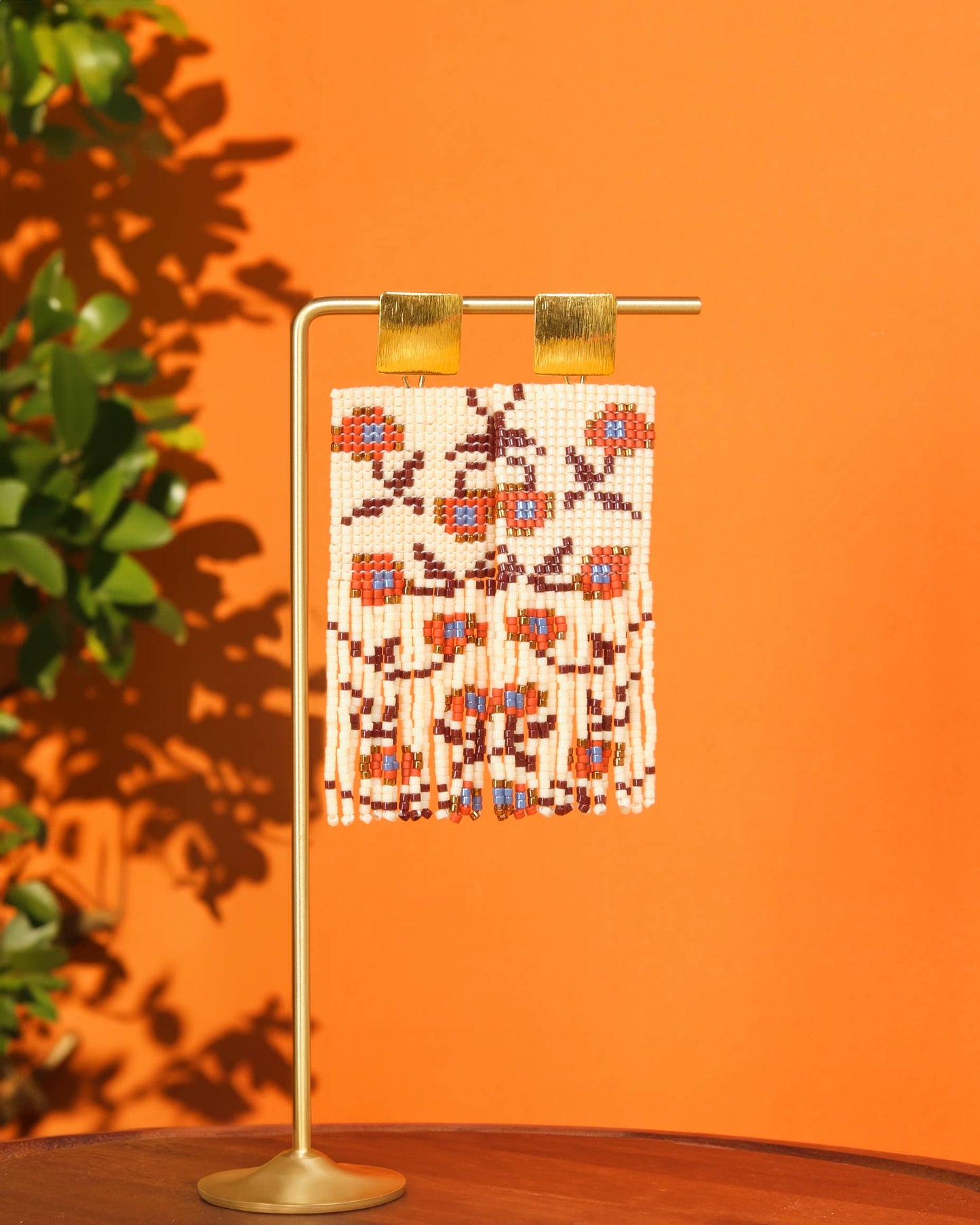 Beaded Handwoven Falling Flower Fringe Earrings (Cream/Rust)