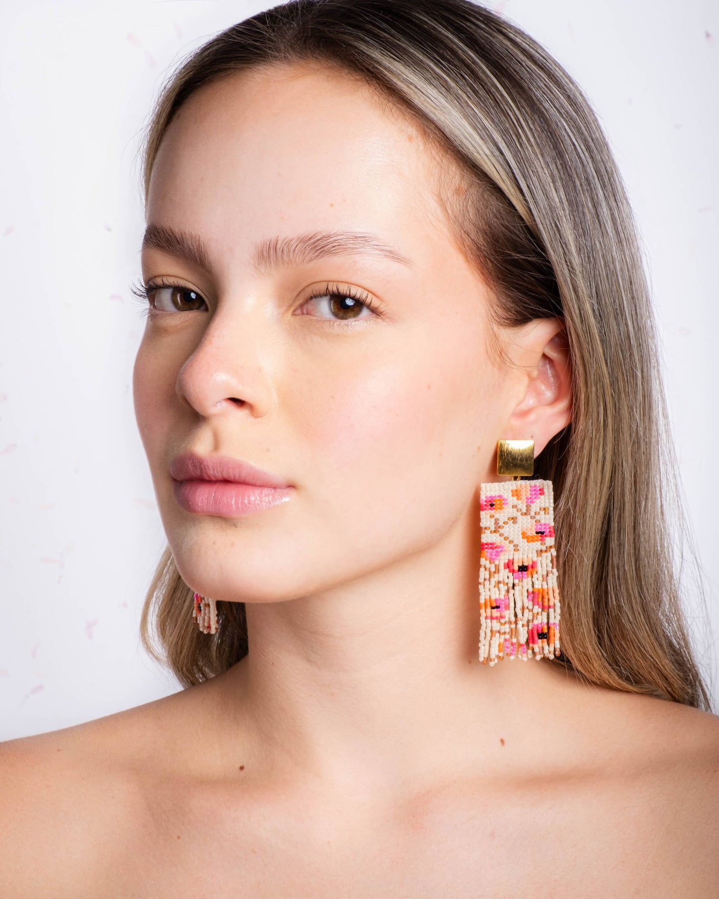 Beaded Handwoven Poppy Flower Fringe Earrings (Cream/Pink)